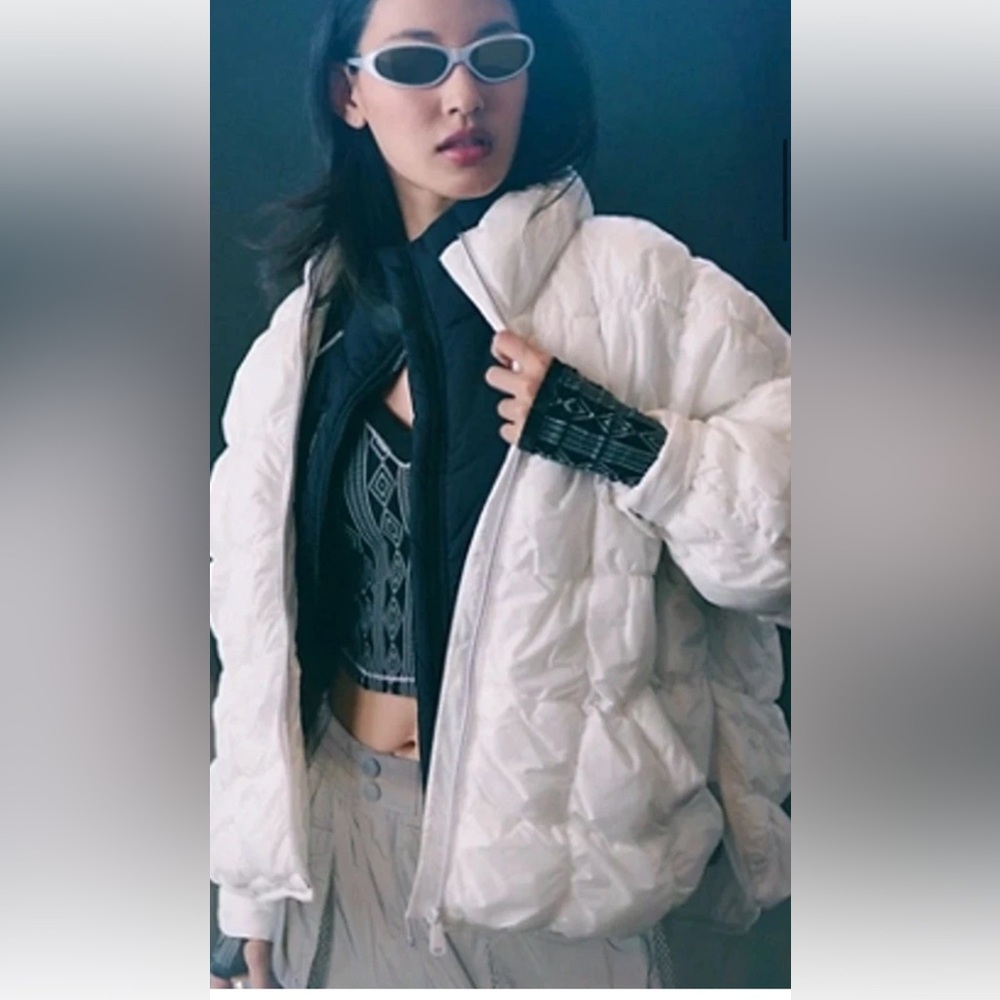 Free People Movement Scrunchy Glossy Pippa Puffer Jacket Pockets Zip White